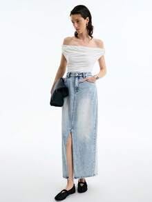 Aalyst 女式口袋开衩直筒休闲牛仔长裙 - 淺色水洗藍 - 查看 6