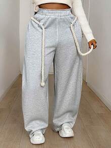 Maweii Plus-Size Women's Casual Sweatshirt Fabric Trousers, With Drawstring Design, Suitable For Everyday Wear, A Versatile Item.Summer,Sexy,Vacation,Leopard,Cheetal Christmas, And New Year's. - Grey - View 3