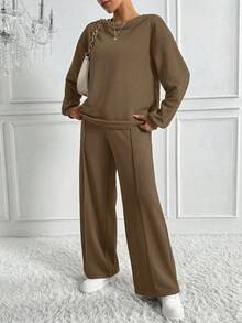 SHEIN Tall 女士两件套极简主义街头运动服，圆领上衣和阔腿运动裤套装，2025 秋季新品，两件套超大宽松纯色圆领运动衫和运动裤套装，男女通用休闲高街运动服，2025 春秋季 - 卡其色 - 查看 3