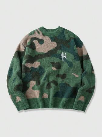 Street Life Pull décontracté pour hommes avec broderie de lettre camouflage, automne/hiver