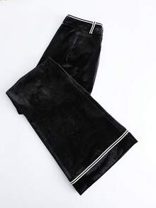 GlowEve 女式高腰宽松喇叭形撞色腰带修身黑色天鹅绒长裙，秋冬 - 黑色 - 查看 2