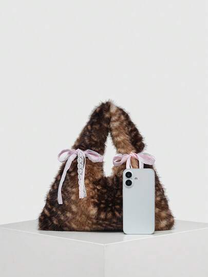 Kawaii Women's Leopard And Deer Print Y2K Retro Fashion Artificial Fur Long Hair Open Top Large Capacity Thickened Autumn/Winter Shoulder Crossbody Crescent Bag