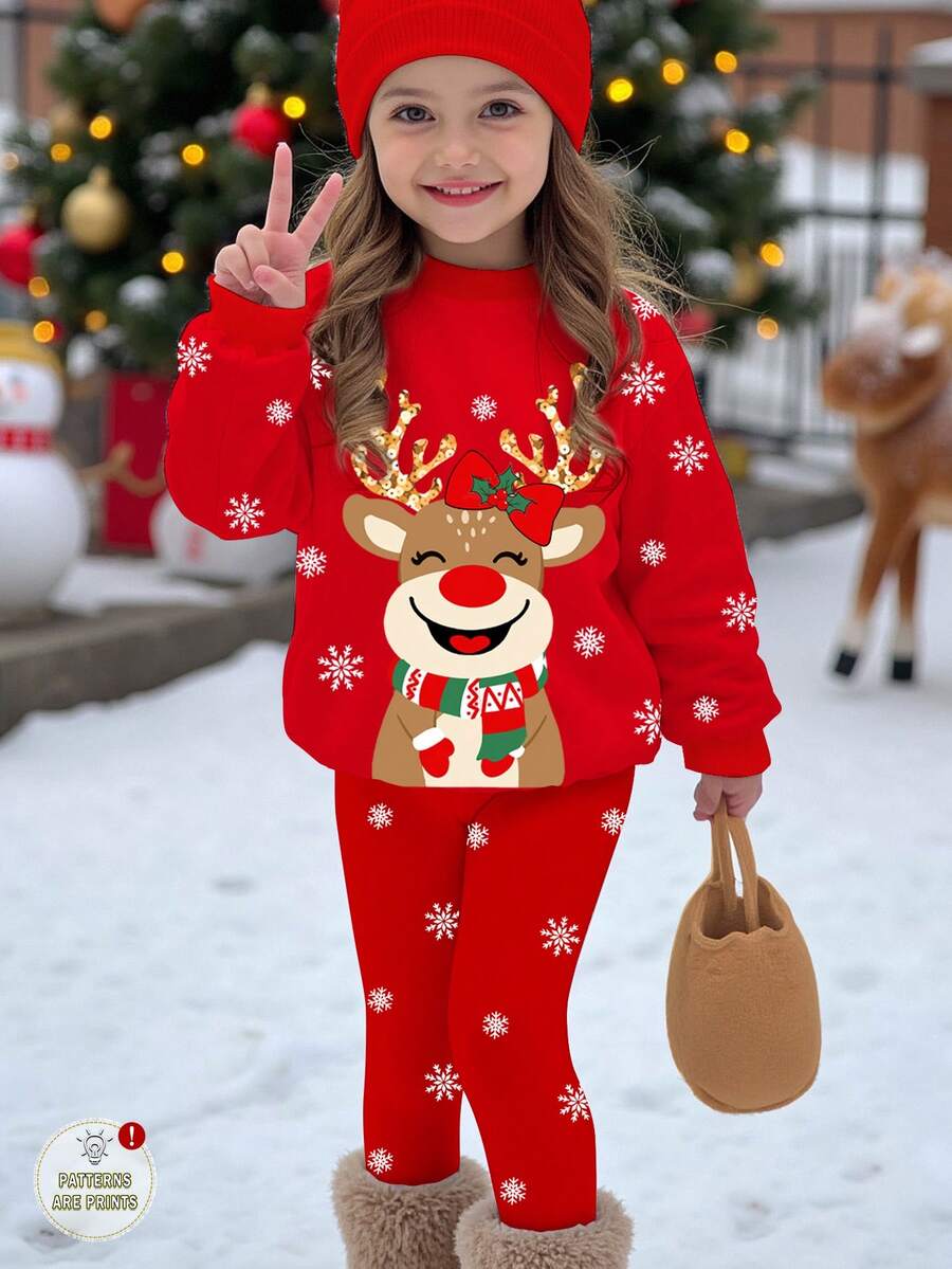 SHEIN Happikins 2pcs/Set Young Girl Casual "Merry Christmas" Cute Cartoon Reindeer & Snowflake Print Red Festive Crew Neck Long Sleeve Sweatshirt And Leggings, Suitable For Autumn/Winter - Multicolor - View 1