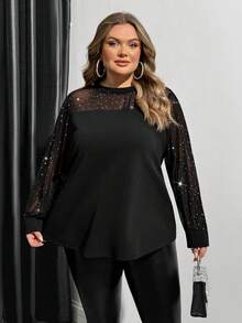 SHEIN CURVE+ Maglietta a maniche lunghe da donna taglie forti, abbigliamento casual quotidiano - nero - Visualizzare 4