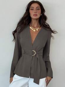 Aloruh Women's Solid Color Long Sleeve Cinched Waist Metal Ring Decor Fashion Blazer - Grey - View 6