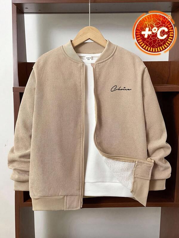 SHEIN Veste de baseball zippée en velours côtelé doublée de polaire pour préadolescents, peut être associée à des sweats à capuche d'Halloween, des sweatshirts d'automne, des chemises à manches longues d'Halloween, des pulls pour garçons, des sweats à capuche pour garçons, des chemises, des joggers pour garçons, des pantalons pour garçons, convient pour les déplacements, l'école, les loisirs, l'université, les sports, l'automne/l'hiver