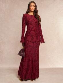 Silquee 女式秋冬提花镂空露背修身长袖鱼尾裙 - 酒紅色 - 查看 2