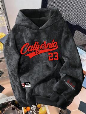 Manfinity Joysei Men's Vintage Thickened Fleece Hoodie With Number 23 Graphic, Casual California Hoodie, Long Sleeve Top