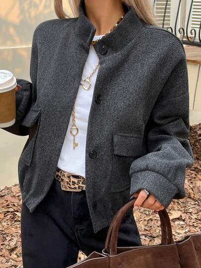DAZY 女式休闲纯色立领口袋短款夹克，秋季