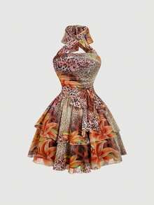 SHEIN MOD 豹纹和花卉印花复古女式吊带裙 - 秋冬连衣裙、外出连衣裙、返校装、沙滩裙、节日装、太阳裙、狂欢节服装、复古 70 年代、Y2K、约会、派对、宫廷、节日、生日、舞会、波西米亚风、垃圾朋克 - 彩色 - 查看 5