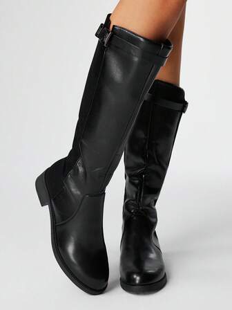 Goth Stivali neri da donna con cerniera laterale, fibbia della cintura, tacco basso, tomaia in pelle, stivali alti fino al ginocchio