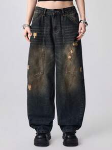 ROMWE Grunge Punk Quần jeans cạp thấp phong cách retro Y2K Streetwear dành cho nữ - màu đen - Xem 5