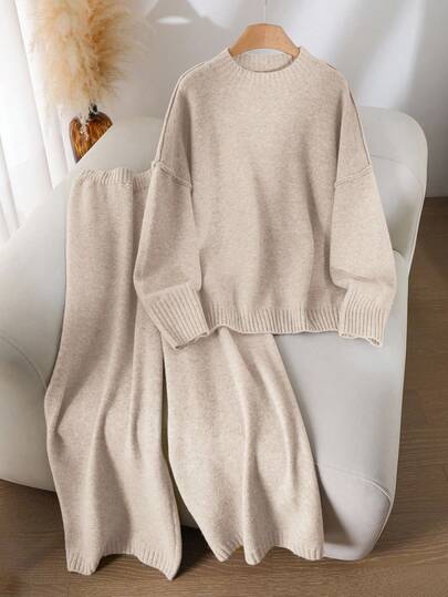 CosyJoli Plus Size Solid Color Minimalist Everyday Round Neck Long Sleeve Sweater & Pants Set/Winter