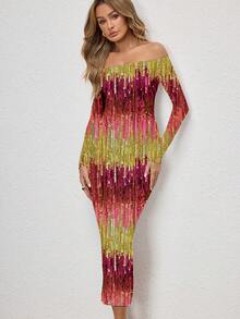Glamance ORANGE STUDIO Sequin Sequins Sexy Off-Shoulder Long Dress For Women, Suitable For Christmas Party And Club, Winter Disco Dress Sequence Dress Salsa Dress Chic Stylish Clothing Collection New Year - Multicolor - View 3