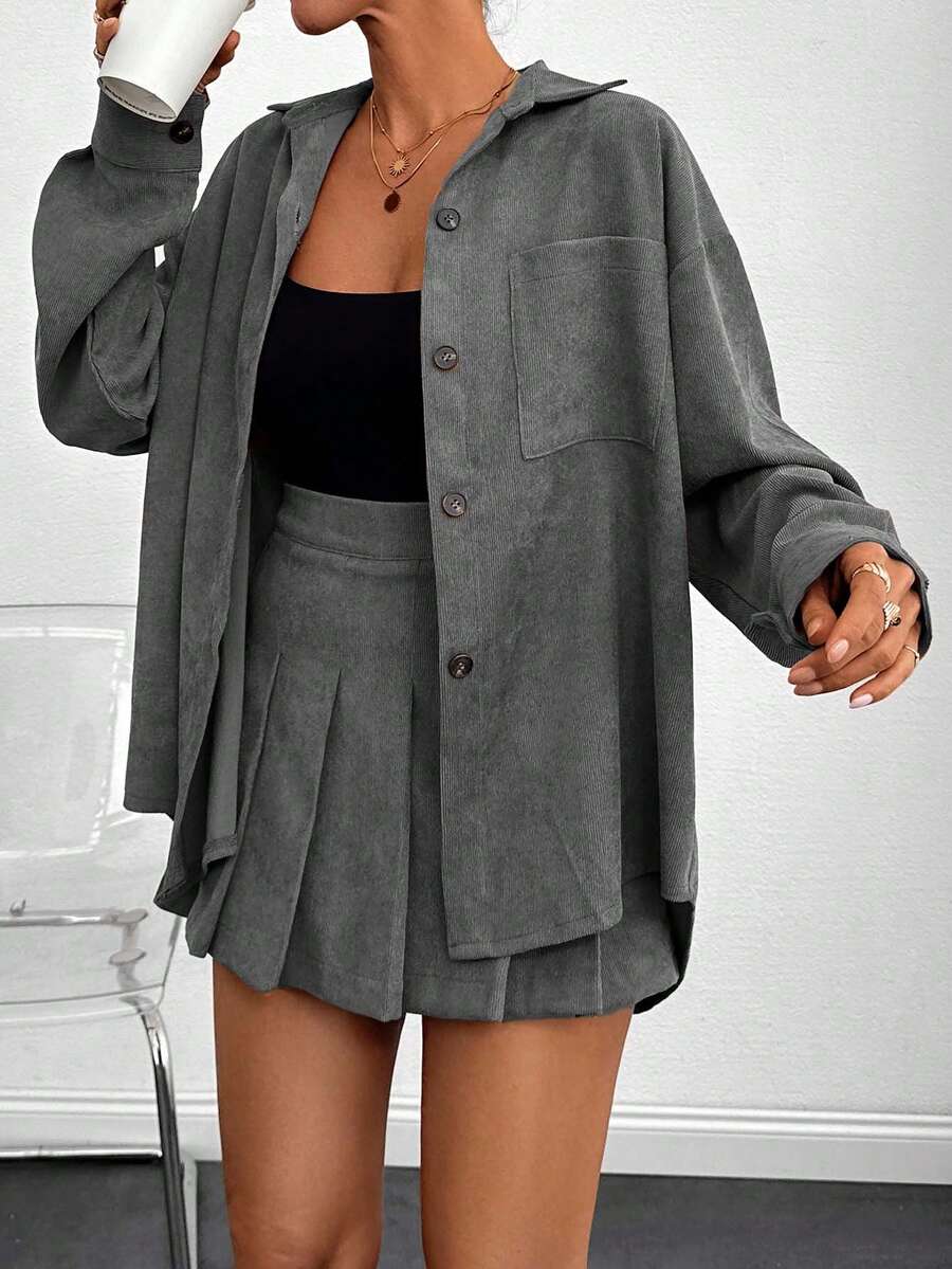 Corduroy Shirt Pleated Skirt Two Pieces Set - Grey - View 1