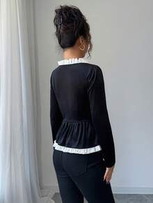 Rafferiza Áo cánh nhung đen trắng kiểu Pháp thanh lịch dành cho nữ - màu đen - Xem 2