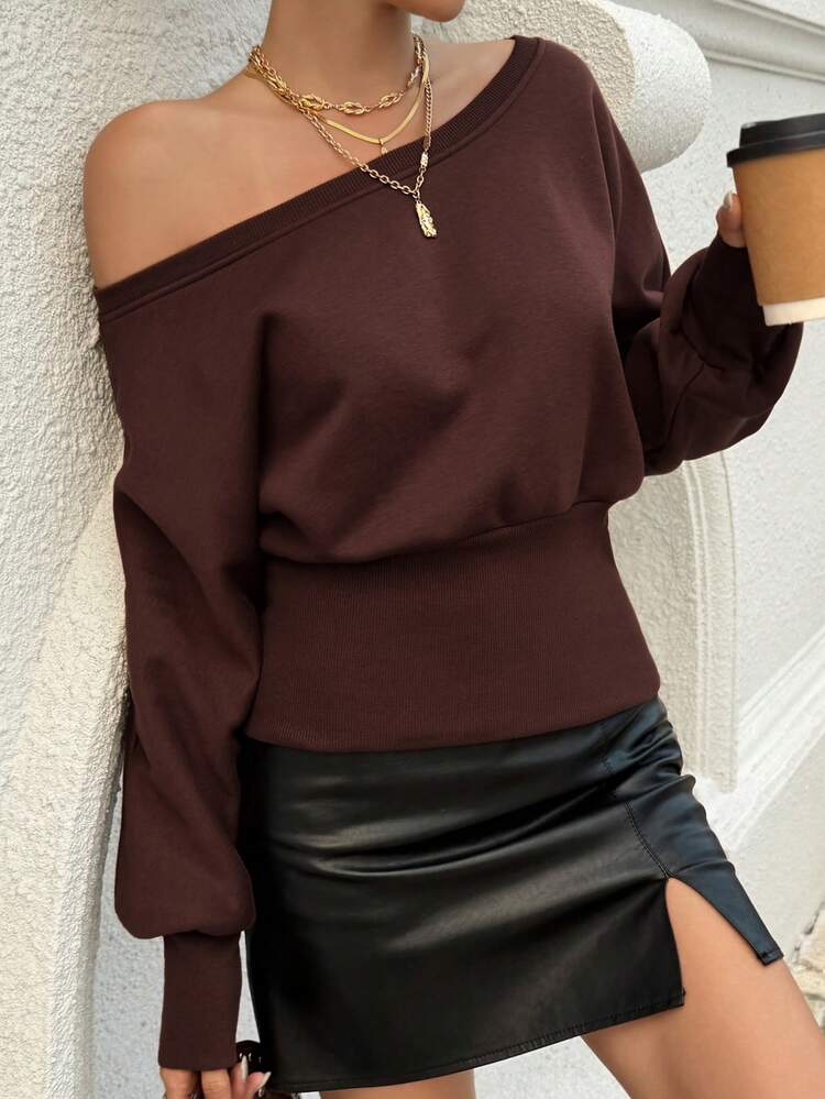 Women's Autumn/Winter Oblique Shoulder Short Elegant Sexy Asymmetrical Shoulder Fleece Sweatshirt