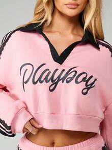 Missguided x Playboy Logo Sweatshirt With Black Contrast Trim V Neck Long Sleeve Pullover Top