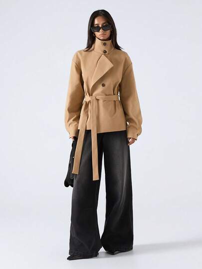 LYSMO Manteau trench femme à couleur unie, manches longues, simple boutonnage, design ceinture, automne