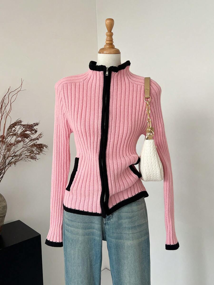 SHEIN LUNE 女式秋冬韩版高领拉链修身罗纹针织夹克 - 粉色 - 查看 1
