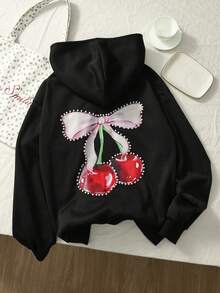 Franclia Women's Casual Minimalist Studded Cherry Print Loose Thick Sweatshirt - Black - View 4