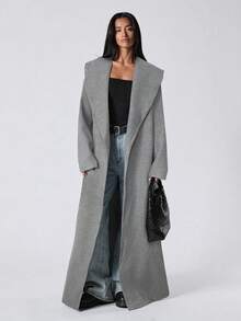 LYSMO Áo khoác len dài tay màu xám đậm có túi thắt lưng thanh lịch, rộng rãi và thoải mái cho nữ mùa thu đông - Màu xám đen - Xem 1