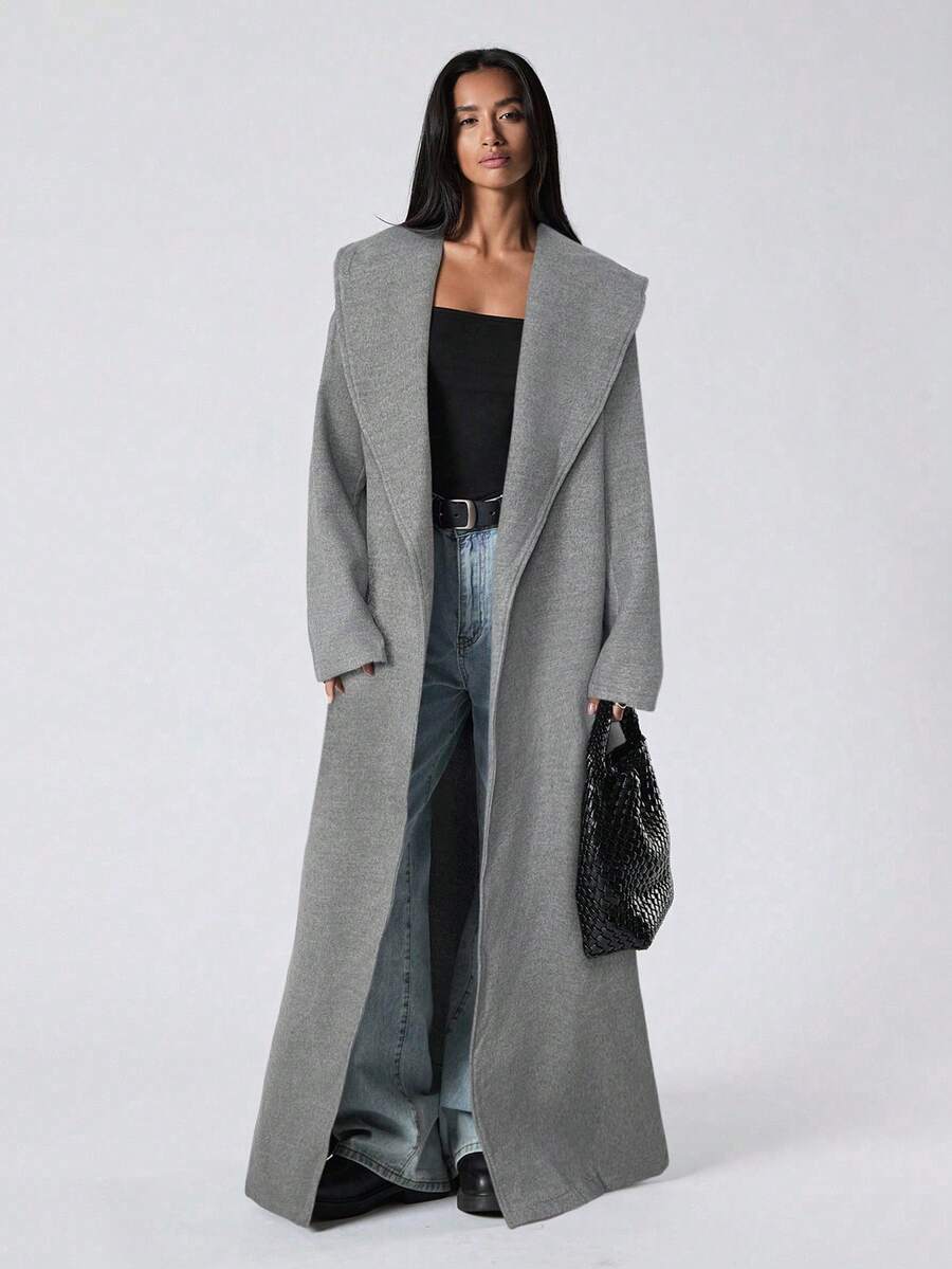 LYSMO Áo khoác len dài tay màu xám đậm có túi thắt lưng thanh lịch, rộng rãi và thoải mái cho nữ mùa thu đông - Màu xám đen - Xem 1