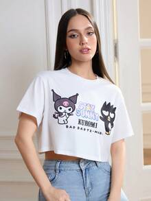 HELLO KITTY AND FRIENDS | SHEIN 女士休闲日常通勤可爱卡通字母图案落肩宽松短款 T 恤，夏季 - 白色 - 查看 5