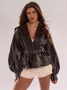 SHEIN BAE Women's Solid-Color Lantern Sleeve PU Leather Fashion Waist-Defining Jacket, Fall Edition Premium Fashion Fall/Winter Jacket Outerwear Dark Brown Outerwear Elegant Casual Fall/Winter Coat Fashion Piece