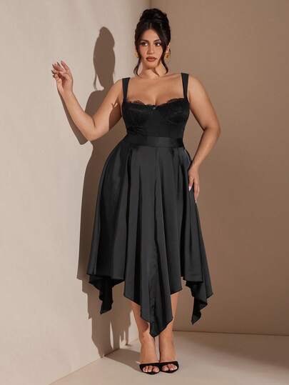 SHEIN BAE 大码女式纯色高腰不对称下摆休闲半身裙，圣诞节，女士半身裙，圣诞女士半身裙，圣诞派对半身裙，感恩节女士半身裙，性感半身裙，女士半身裙，大码正式半身裙，曲线身材女士半身裙，圣诞女士半身裙，婚礼宾客半身裙，夏季，女士新年半身裙，优雅派对半身裙，毕业典礼半身裙，度假半身裙，生日派对半身裙，黑色半身裙