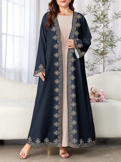 SHEIN Najma Plus Size Women's Floral Embroidery Digital Retro Print Long Sleeve Casual Arabic Abaya, Spring/Autumn
