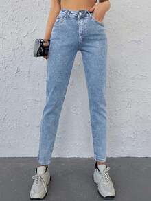 SHEIN PETITE 98%纯棉小码纯色斜口袋妈妈款牛仔裤 - 淺藍色 - 查看 5