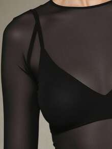 INAWLY Women Sheer Mesh Long Sleeve Fitted Sexy Black Top Fall Cloth For Women - Black - View 4