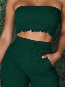 SHEIN LUNE Conjunto de 2 piezas de top tubo acortado con pliegues y pantalones de pierna ancha de unicolor para mujer - Verde Oscuro - Ver 3