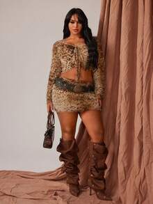 Rustia 大码女式豹纹半身裙，性感狂野，舒适秋冬连衣裙 - 彩色 - 查看 2