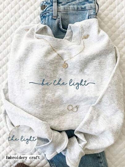 INAWLY 刺绣“成为光”图案卫衣，基督教圆领卫衣 | 基督教运动服，信仰运动服，女士刺绣圆领长袖保暖内衬印花套头卫衣