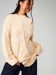MISSGUIDED Button Front Knit Cardigan Long Sleeve Ribbed Hem Fall Winter Layering Essential - Apricot - View 4
