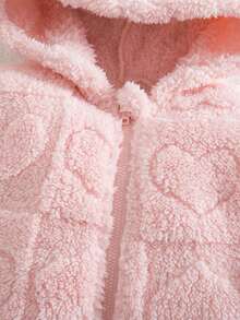 新生女宝宝可爱粉色爱心图案毛绒连帽连体衣，秋冬季 - 粉色 - 查看 5