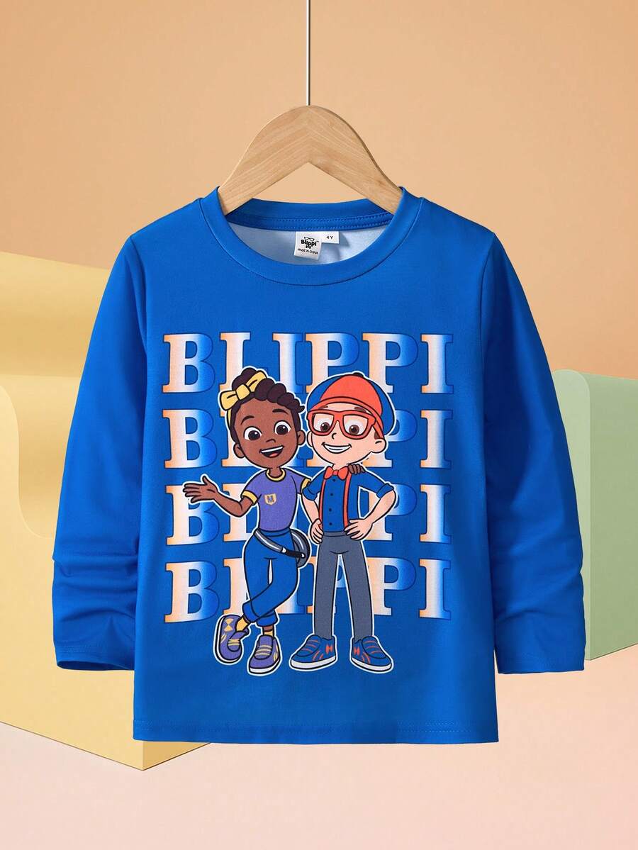 Blippi X SHEIN 小男孩卡通人物与字母图案圆领长袖休闲针织 T 恤，蓝色 - 藍色 - 查看 1