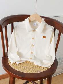 男童罗纹领休闲长袖衬衫，带小刺绣补丁，春秋 - 杏色 - 查看 3