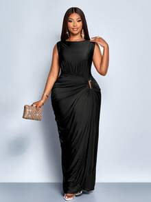 SOLERSUN 女式加大码优雅纯色褶皱镂空时尚金属环扣小众设计褶皱开衩无袖长款连衣裙秋冬装、休闲装、派对装、伴娘装、万圣节装、圣诞节装、除夕装、节日装、茧型裹身裙、毕业礼服、优雅女士连衣裙、女士秋季服装、女士冬季连衣裙、新年造型、舞会礼服、棕色连衣裙 - 黑色 - 查看 5