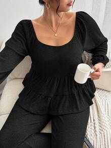 Lounesse 大码女式圆领蝙蝠袖 T 恤，杏色，百搭休闲装 - 黑色 - 查看 6