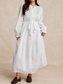 EMERY ROSE Plus Size Women's Autumn/Winter Country Casual Embroidered Hollow-Out Woven Elegant Maxi Dress - White - View 5