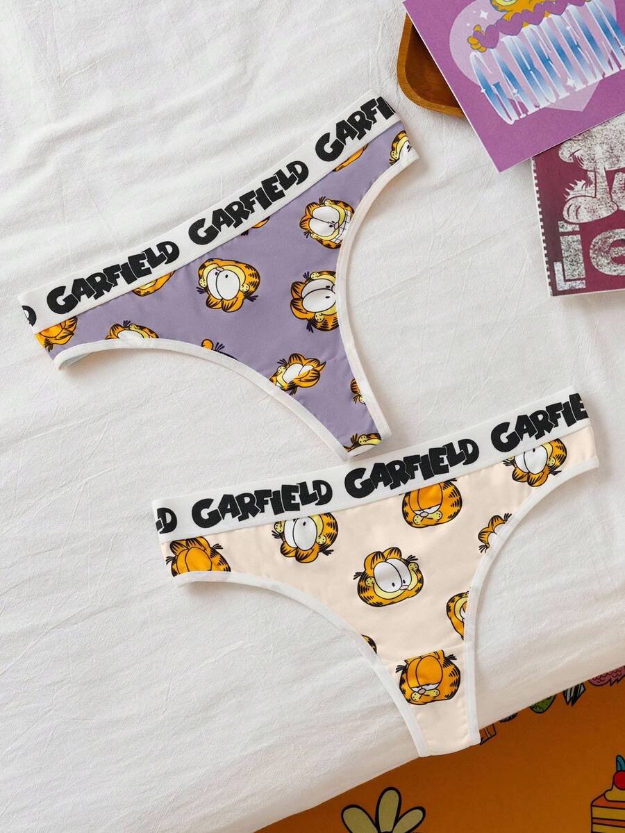 GARFIELD | SHEIN Snug Zone Women's Soft Cute Cartoon Cat Print Contrast Trim Letter Tape Thong - Purple - View 1