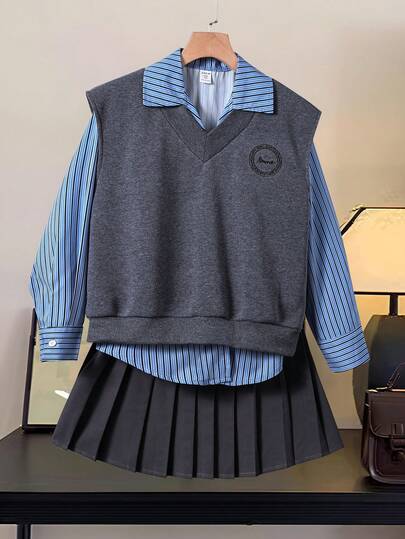Genkimix Kids Tween Girl Autumn/Winter Letter Embroidery V-Neck Vest, Striped Long Sleeve Shirt And Pleated Mini Skirt Casual Outfit Set