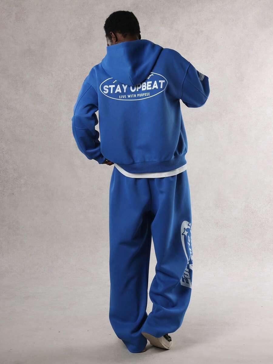 DAZY Men's Letter Print Design Oversized Hoodie Set, Autumn/Winter - Blue - View 1