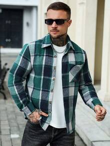 Manfinity Homme Men's Casual Regular Shoulder Front Button Plaid Long Sleeve Shacket Flannels For Men Checkered Shirt Shacket, For Winter - Green - View 5
