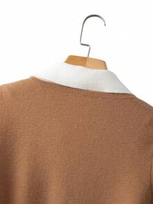 Franclia Suéter de cuello polo de manga larga con color de contraste elegante y minimalista, adecuado para otoño/invierno - Caqui - Ver 5