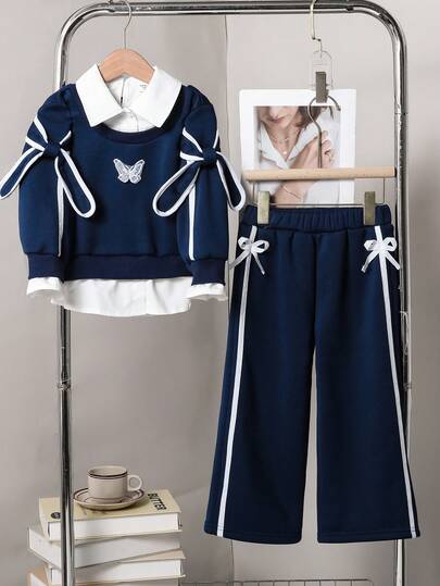 Genkimix Kids 2件套女童（小号）撞色系带袖口长袖上衣和裤子运动服