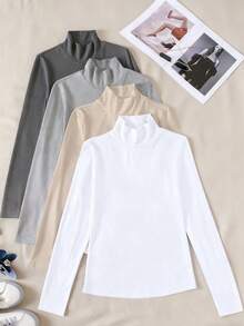 INAWLY Camiseta de manga larga con cuello alto casual para mujer, adecuada para el otoño